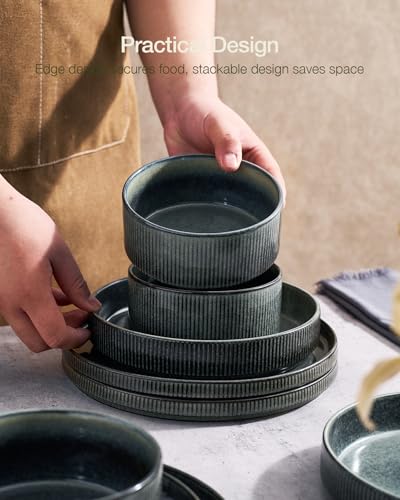 Image of Famiware Star 24-Piece Plates and Bowls Set with Trim, Service for 8 - Stoneware Reactive Glaze Dinnerware, High Edge Ribbed Dishes, Chip & Scratch Resistant, Microwave & Dishwasher Safe, Deep Forest