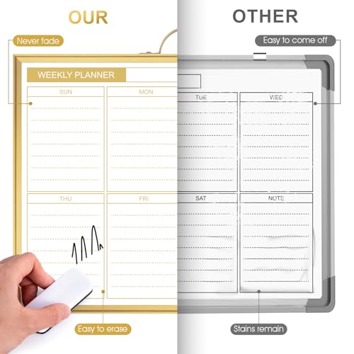 ARCOBIS Weekly Dry Erase Board for Wall, 12\" x 16\" Small Magnetic White Board Calendar Dry Erase, Double-Sided Whiteboard Planner for to Do List, Planning, Memo, School, Home, Office, Kitchen, Gold