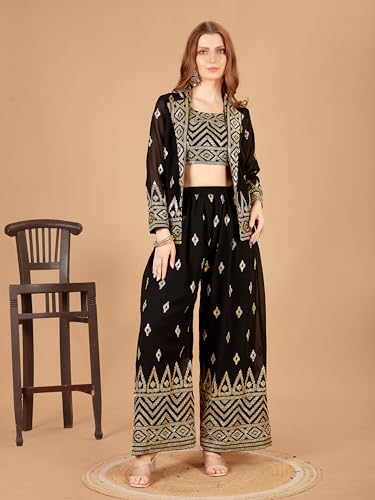 Image of Xomantic Fashiion Womens Black Color Jacket With plazzo Set