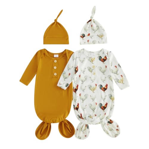 Merqwadd 2-Pack Baby Sleeper knotted Gown Boy Girl Nightgown with Hat Set (Coffee&Chicken,0-3 Months)
