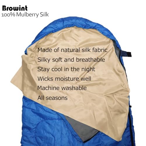 Image of BROWINT Silk Sleeping Bag Liner, Silk Sleep Sack, Extra Wide 87 inchx43 inch & 87 inchx34 inch, Lightweight Travel Sheet for Hotels, Envelop Style 73 inchx34 inch, Hooded Mummy 87 inchx41 inch, More Colors, Reinforced Gussets