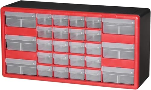 Akro-Mils 10126 26-Drawer Plastic Drawer Storage Cabinet for Garage Organization, Teacher Toolbox, Makeup Organizer, and More, 50.8 cm W x 15.24 cm D x 25.4 cm H, Red