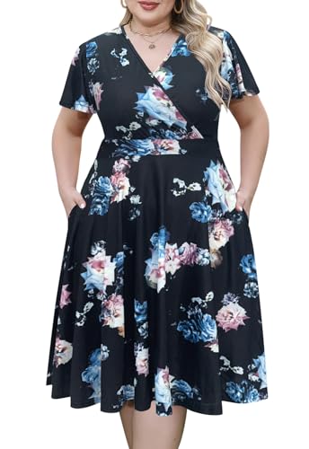 Nemidor Plus Size Dresses for Curvy Women Casual Summer V Neck Short Sleeve Midi Cocktail Vintage Dress with Pocket(073,20,Black Rose)