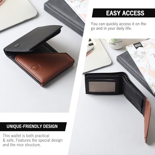 Image of VEMILIO Men's Vegan Leather Wallet for Men | Edge Cut Slim Bi-Fold Gents Purse | Stylish Wallet with Coin Pocket | 3 Card Slots | ID Window & 2 Currency Compartments (Brown & Black)