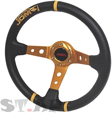 350mm Deep Dish 6 Bolt Steering Wheel Universal Custom (Gold Center JDM 3 Ring)