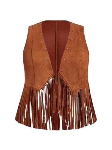 Women's Plus Size Fringe Suede Vest Studded 70s Hippie Faux Western Jacket Cowgirl Cardigan Outerwear