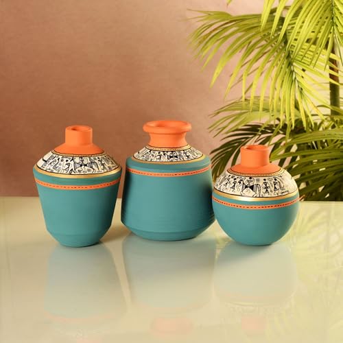 Image of Aakriti Art Creations Terracotta Vases Set of 3 | Handmade Blue Warli Art Flower Vases Oasis Earthy Accents | Matte Finish Decorative Vases for Artificial Plants Home Decor & Gifting