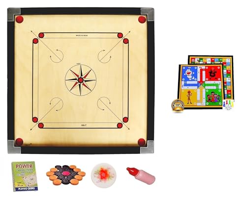 Image of WRF Superior Matte Finish Practice Carrom Board for Serious Professional Practice with Coins Striker and Powder Black New(32inch Carrom with Ludo L-05)