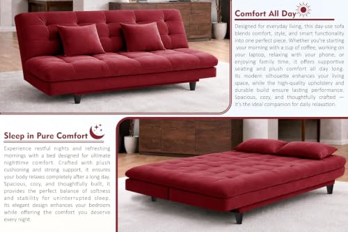Image of Rosebell Modern Wooden 3-Seater Sofa Cum Bed Foldable Velevt Fabric Sofa for Living Room, Guest Room & Office-Red-Color