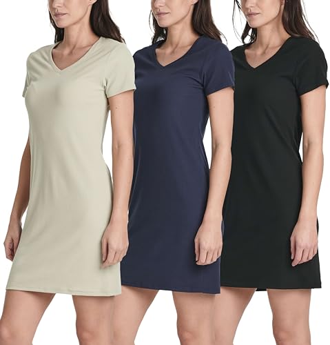 Image of Real Essentials 3 Pack: Women's Ribbed Knit Short-Sleeve V-Neck Swing T-Shirt Casual Dress (Available in Plus)