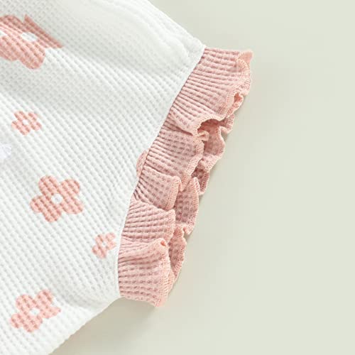 Newborn Baby Girl Clothes Summer Floral Print Knit Sleeveless Romper Ruffle Bloomer Shorts Headband 3Pcs Outfits (Pink White, 6-12 Months) #TOP4