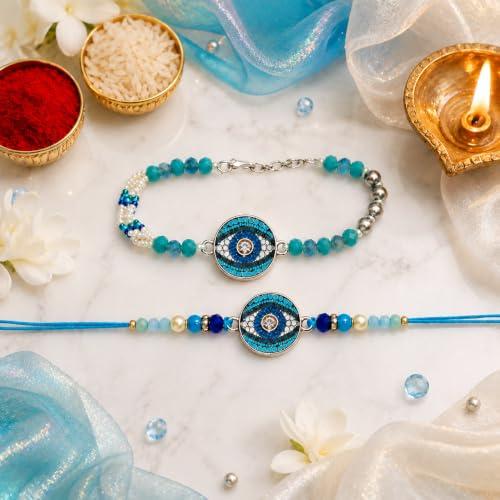 Image of CraftVatika Evil Eye Rakhi Set for Brother Bhaiya Bhabhi, Designer Bhaiya Bhabhi Rakhi Gift Combo Set, Rakhis for Rakshabandhan, Couple Pair Raki, Fridge Magnet Gift with Best Wishes Card Tillak
