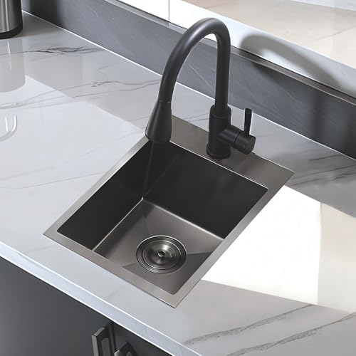Image of 15 Inch Drop In Bar Sink, Gunmetal Black 15x17x9 Topmount Stainless Steel Single Bowl Wet Bar Prep RV Outdoor Small Kitchen Sinks 16 Guage with Drain