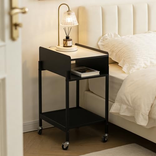 Image of Bedside Table with Wheels Rolling Nightstand 3-Tier (Black) | Modern Marble Top Easy Assembly Heavy Duty Metal Save space Bedroom Office Living Room