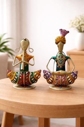 Image of Rajasthani Couple Musician Figurines Set of 2 Handcrafted Traditional Indian Art Showpiece | Decorative Table Decor for Home, Living Room, Office & Shelf Styling
