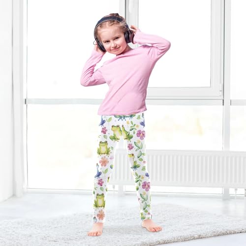Wusikd Cute Watercolor Frogs Girls' Leggings Toddler Doodles Flowers Kids Yoga Pants Dance Active Tights 4T4