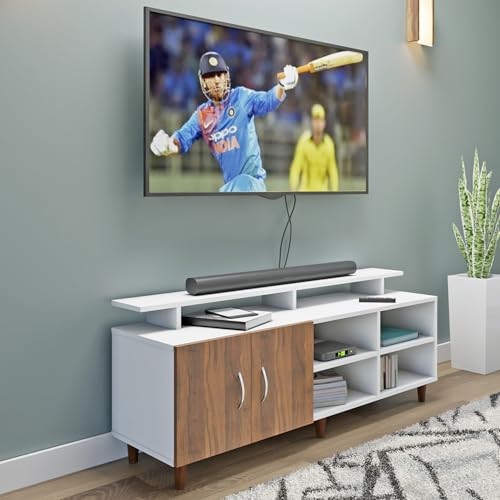 Image of VIKI Modern TV Unit for Living Room | Engineered Wood TV Cabinet with 2 Door Storage, 2 Open Shelves & Extension,Entertainment Unit, 140W x 48H x 40D cm | DIY | 1 Year Warranty (White & Walnut)