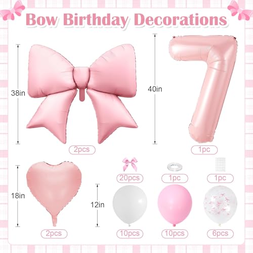 Image of 7th Birthday Decorations for Girl,Pink 7 Balloons for Party Decorations | 7 Year Old Birthday Decoration,Anniversary Party Decor,Pink White Balloons,Bow Print Balloons,Heart Balloons