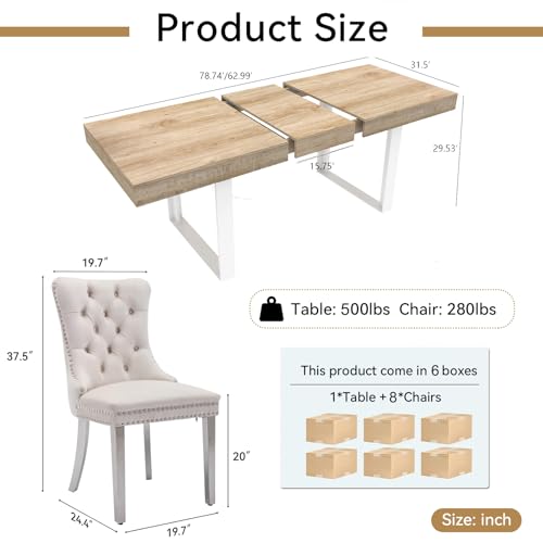Image of Oak Dining Room Table Set for 8, 9-Piece 63 inch-78.74 inch Extendable Dining Table Set with 8 Upholstered Chairs, Rectangle Wooden Expanding Kitchen Table and Beige Chairs Set