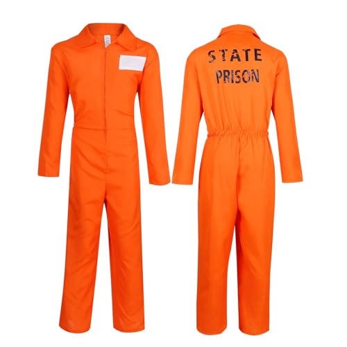 BSBUY Costume de Prisonnier Adulte, 7Pcs Kit de Jumpsuit Prisoner Orange avec Plaques Numérotées/Plaques Nominatives/Menottes/Chaînes/Autocollants Tête de Mort, Déguisement Halloween Carnaval Cosplay