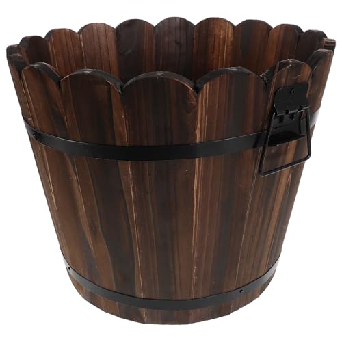 BESPORTBLE Wooden Barrel Planter Solid Wood Flowerpot for Indoor Outdoor Vegetable Planting Rustic Wood Bucket Planter Container for Home Gardening
