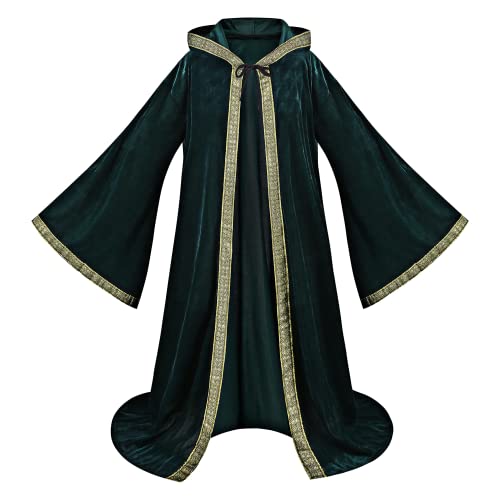 maxToonrain Mystic Wizard Robe Full Length Hooded Velvet Cloak Wide Sleeve Style Adult Medieval Retro Vintage Renaissance Costume Fancy Dress for Halloween Masquerade (Green-142cm) - Image 2