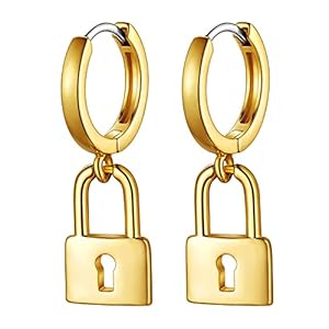 Bestyle Unisex Punk Dangle Hoop Earring, Hypoallergenic Huggie Hoops with Axe/Dagger/Lock/Key/Spike Versatile Charm, Stainless Steel in Silver/Gold/Black Tone, Chunky Earrings Jewelry Gift