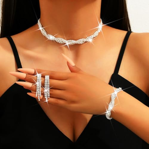 Unicra Wedding Jewelry Sets Silver Rhinestone Necklace Earrings Bracelet Sets Prom Jewelry Accessories for Women and Brides2