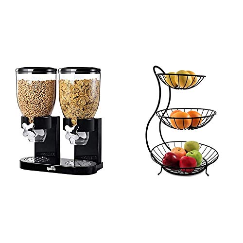 Zevro Indispensable Dry Food Dispenser, Dual Control, Black/Chrome & Spectrum Diversified Yumi Arched Server Stacked, 3-Tier Bowls, Dining Table & Kitchen Counter Organizer, Black