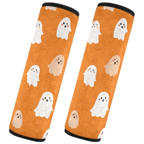 Image of 2 Pack Seatbelt Covers Seat Belt Cover Pad for Adults Boys Girls Car Seat Strap Covers Pads Cushion Universal Shoulder Strap Pad Protector for Backpack Camera Bag 10x7.7Inch Halloween Ghosts Orange