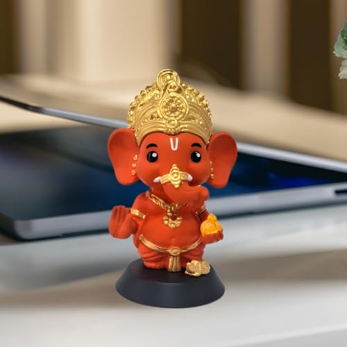 Image of Ganesha Idol for Home Decor, Ganpati for Car Dashboard Unique God Idol for Puja, Ganesh Ji Murti for Temple Office Desk Small Statue Washable PVC and ABS Material (1, Ganesh Ji Kesari Tone)