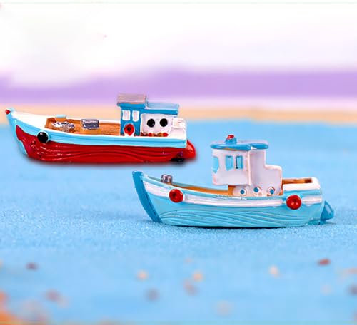 2 Pcs Colorful Miniature Dollhouse Boat Mini Fishing Boat Model Mediterranean Decor Resin Desktop Boat Ornament Ocean Beach Micro Landscape Decoration Dollhouse Accessories