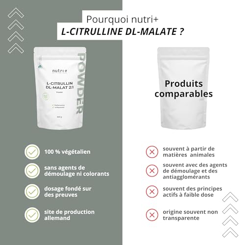 Nutri + Citrulline Malate Poudre 500 g - haute dose + végétalienne + pur - Booster musculation et fitness - L-Citrulline Malate DL 2:1 – vue 4