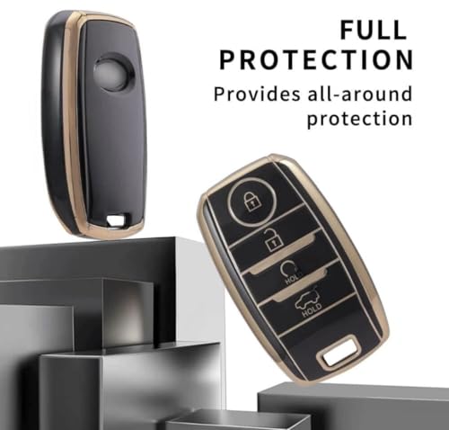 Image of TPU Car Key Cover Black & Golden Compatible for KIA Seltos (KIA, 4 Button Push Smart Key)