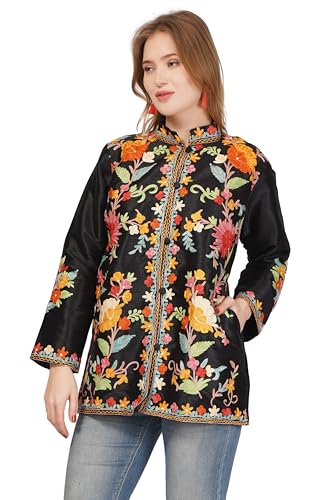 BATIN Short Kashmiri Embroidery Silk Jacket, Kashmiri Jacket for Women, Floral Embroidered Coat, Multicolour Short Coat3