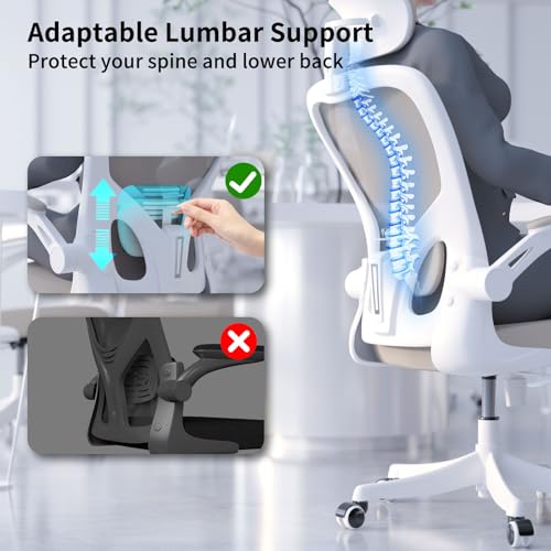 Image of Monhey Office Chair Ergonomic Desk Chair with Lumbar Support&Headrest&Flip-up Arms Height Adjustable Rocking Swivel Computer Chair Multi-Angle from 90 to 125 with 350LBS Capacity (02White+Khaki)