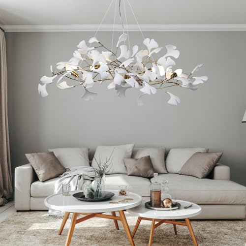 Image of Modern Chandeliers for Dining Room - 39inch Ceramic Ginkgo Leaf Chandelier Rectangle Brass Chandelier Luxury Art Deco Handing Lights Fixture for Living Room Bedroom Kitchen Island, 5-Light