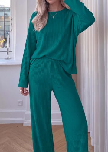 KIRUNDO Fall Ribbed Knit 2 Piece Lounge Set Women(Lake Blue, Medium) — view 5