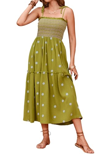 Image of R.Vivimos Womens Summer Cotton Boho Midi Dress 2026 Spaghetti Strap Floral Embroidered Smocked Tiered Flowy Long Dresses