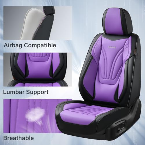Image of Coverado Car Seat Covers Front Seats, 2 Piece Car Seat Protector with Lumbar Support & Removable Headrest, Breathable Leather Seat Cushion Universal Fit for Truck Automotive Vehicles Purple