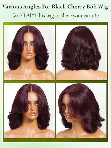 Image of KLAIYI Black Cherry Bob Loose Body Wave Precut 7x5 HD Lace Front Wigs Human Hair Glueless Bye Bye Knots Drawstring Red Burgundy Wig with Curtian Bang Pre Plucked Bleached Ready to Put On And Go 10Inch