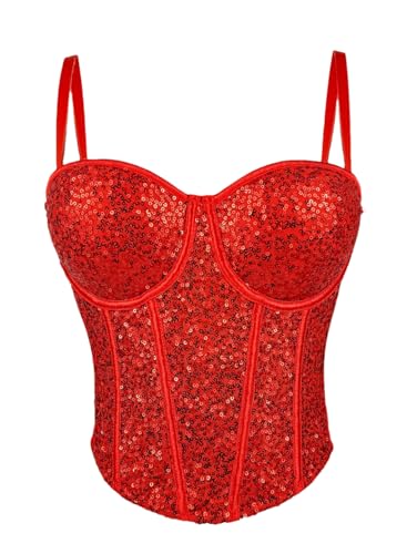 Damen-Korsett mit Pailletten, bauchfreies Top, durchsichtiges Netzgewebe, Nachtclub, Rave-Outfit, Party-Top, Glitzer-BH, Übergröße, rot, L