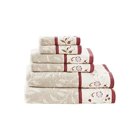 Madison Park Serene 100% Cotton Bath Towel Set Luxurious Floral Decorative Towels for Bathroom Embroidered Cotton Jacquard Design Soft Highly Absorbent for Shower 600 GSM, Multi-Sizes, Red 6 Piece Cover