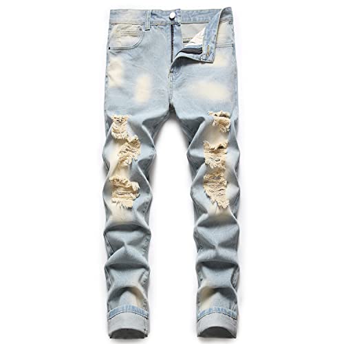 Ripped Jeans for Men Distressed Light Blue Wash Denim Pants Regular Fit Tapered Leg Cool Jeans Rip Straight Cut Fashion Classic 5 Pocket（9322-38）