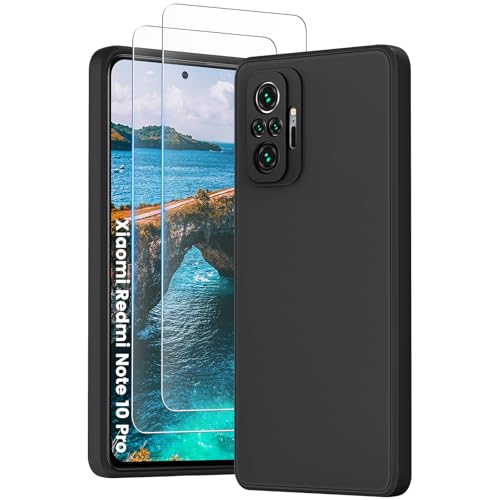 PuyaTeya 3 in 1 Hülle für Xiaomi Redmi Note 10 Pro mit 2 Stück 9H Panzerglas Premium Liquid Silikon Hülle mit 4-Layer stoßfeste abriebfestes Soft Mikrofaserfutter(Tiefschwarz)