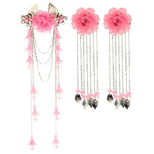 3 Pieces Costume Classic Flower Hair Clip Barrette Long Tassel for Hanfu COS Hair Ornaments - Light Pink