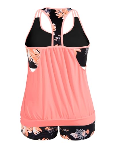 Image of Womens Plus Size Tankini Swimsuit Two Piece Tummy Control Bathing Suit | Blouson Racerback Tankini Top with Shorts, Double Up Design, Removable Pad