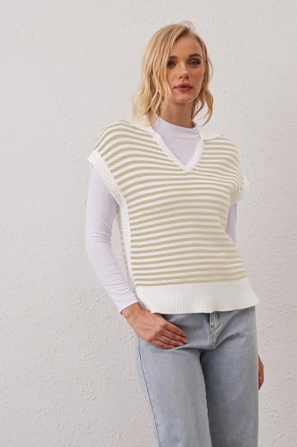 Image of Summer Sweater Vest for Women Knit Sleeveless Striped Johnny Collar Pullover Tank Tops V Neck Cap Sleeve Blouse