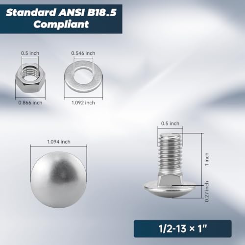 Image of 1 /2-13 x 1 Inch Carriage Bolt Kit, 304 Stainless Steel (18-8) with Hex Nuts & Flat Washers - 6 Sets, Round Head Square Neck, Full Thread Coverage by Glvaner