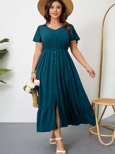 Image of RWJ Women Plus Size Maxi Dress V Neck Short Sleeve Button Trim Split Flowy Tiered Casual Long Dresses 2025 L-3XL